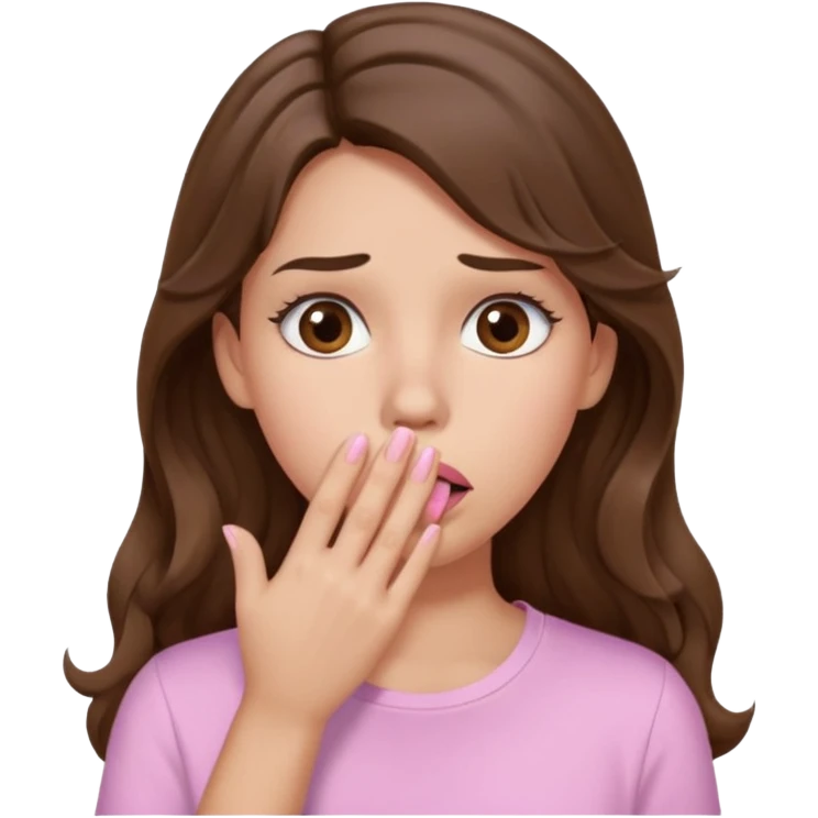 girl with wavy long brown hair, brown eyes, light to medium complexion, long lashes, light pink lipstick, wearing light pink shirt, shocked, hand covering mouth emoji