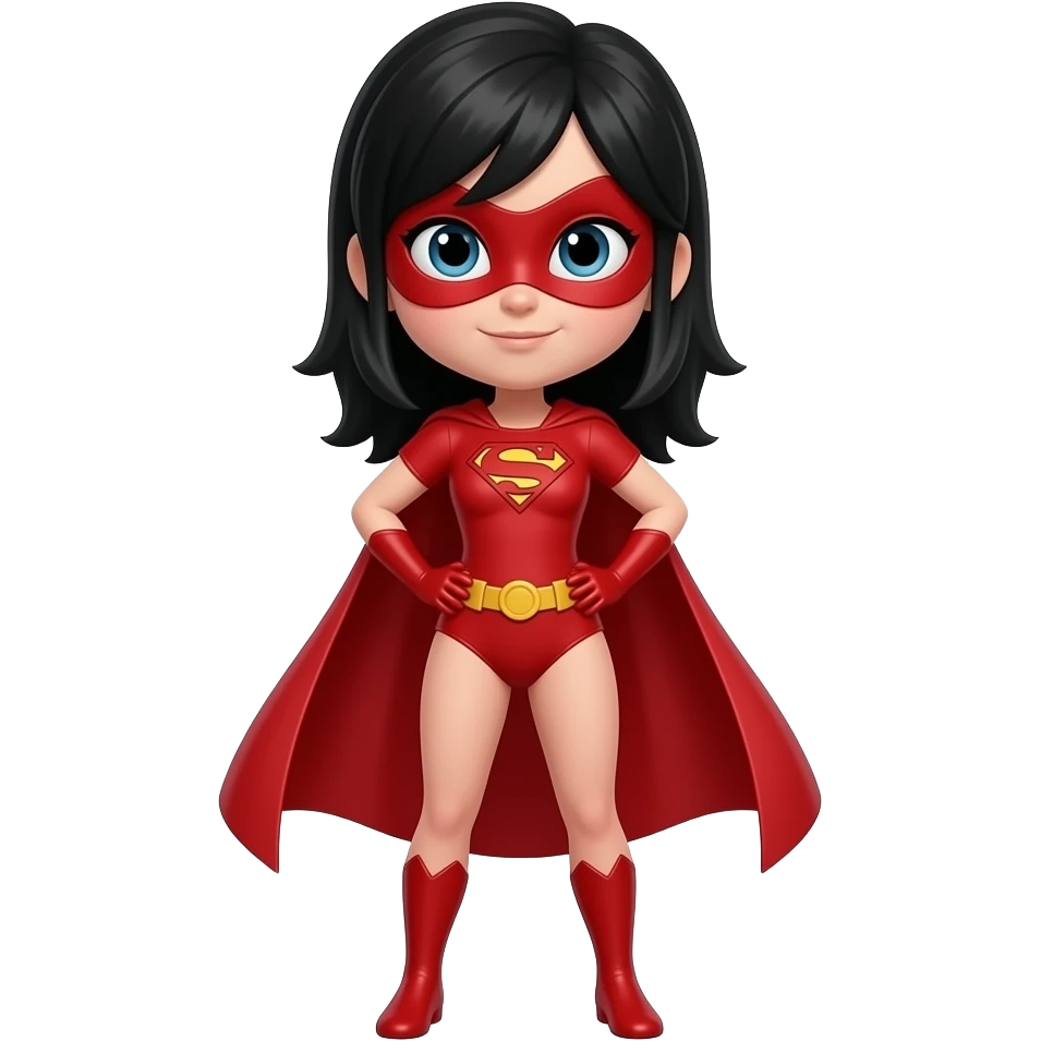 quiero que me hagas a una superheroe con el pelo negro mascara roja i con un traje rojo que sea una niña cuerpo entero emoji