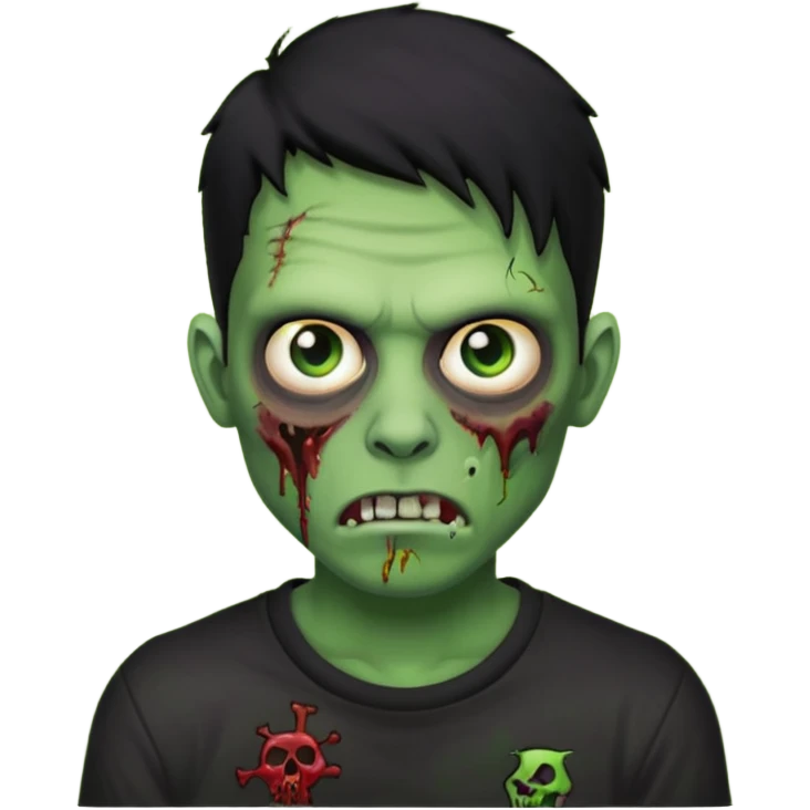 Zombie Emoji AppleIOS Style, lowfade Black Hair, nose piercing, and Black T-shirt, Green Skin emoji