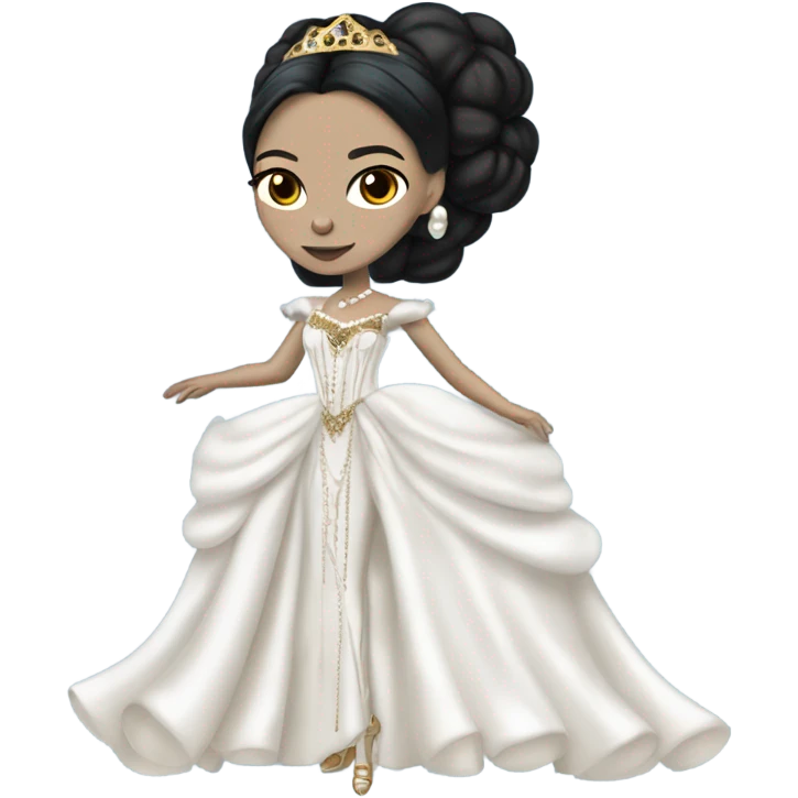 Tall realistic face teen Morticia Addams in as Princess Leia in ruffled pearl-white and blue ballet ball gown with gold accents and accessories  emoji