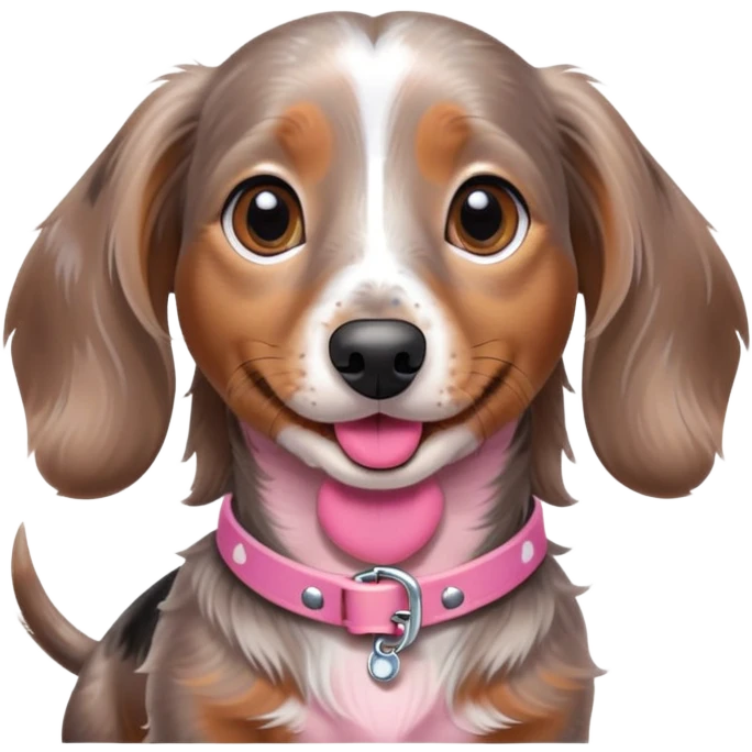 a brown grey and white dapple mini long hair dachshund with speckles across her head and chest, her tongue out and a pink collar emoji