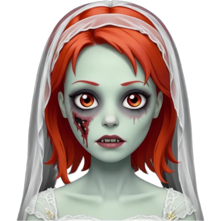 девушка зомби невеста с фатой, с рыжими прямыми волосами по плечи, с черными макияжем глаз, тонкими бровями, в стиле Apple avatar emoji