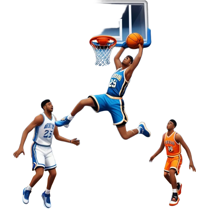 An icon showing a basketball court with players in action, inspired by NBA 2K25. A player jumps for a dunk, the ball mid-air, with the court’s floor and surrounding basketball arena visible. Bright lights highlight the excitement of the game. Transparent background. emoji