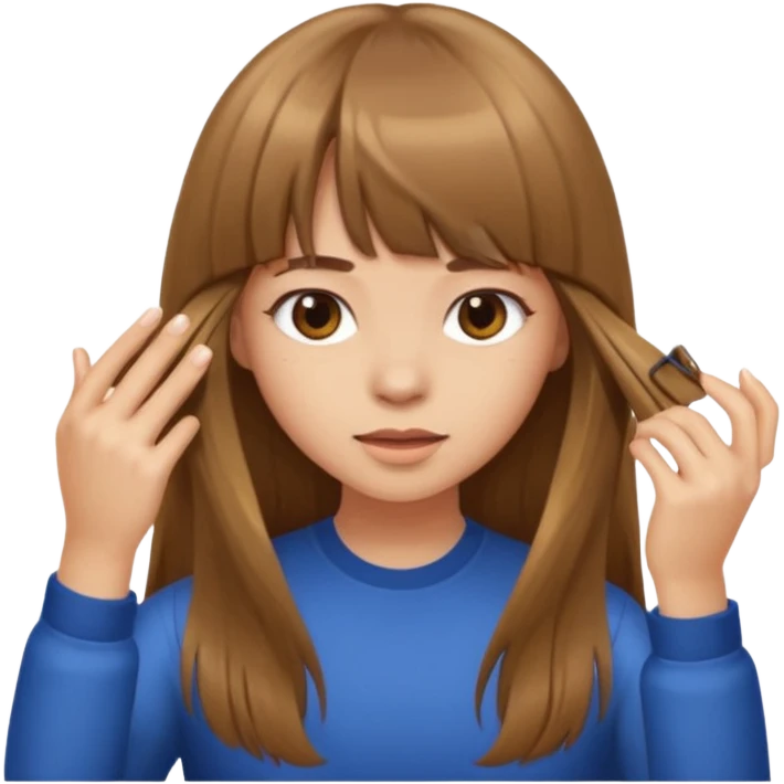 a girl with light skin and brown long hair with bangs who is doing her hair emoji