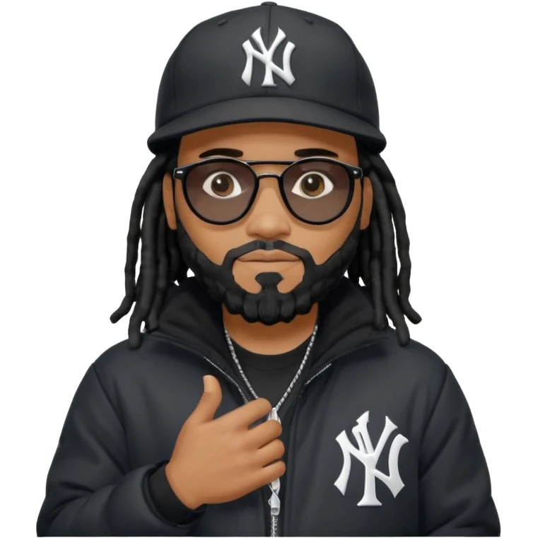African American man with shoulder length black dreadlocks with black beard wearing black sunglasses wearing a black New York Yankees logo baseball cap wearing a black bubble winter coat with hands together emoji