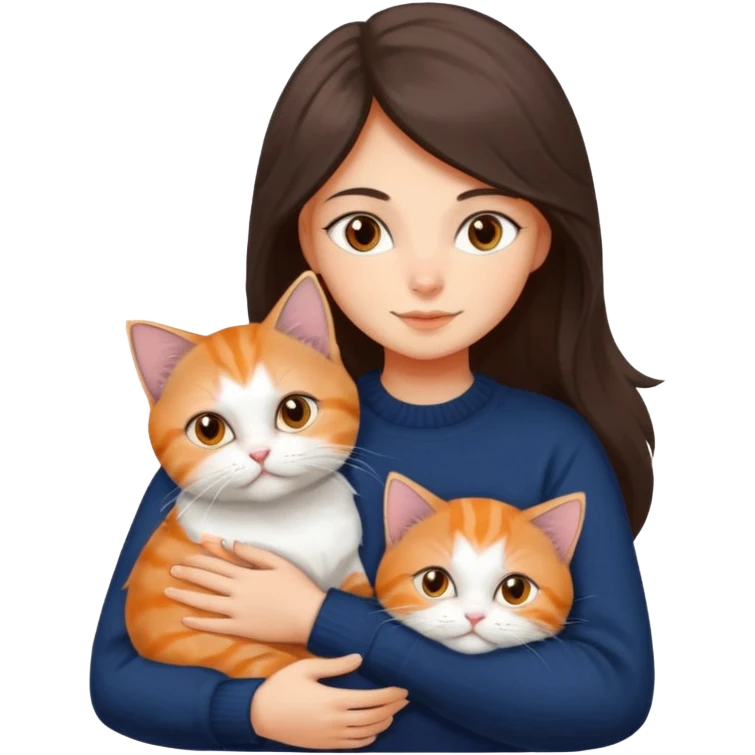 a girl with long dark brown hair, in a navy sweater, hugs a persian peaknose grey cat and persian peaknose orange and white kitten and a persion peaknose brown tabby and white cat emoji