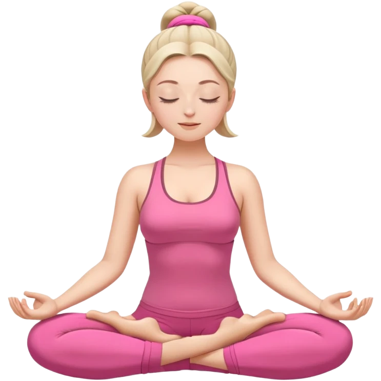 white woman in lotus position meditation yoga pose with closed eyes, relaxed face, wearing pink yoga outfit emoji