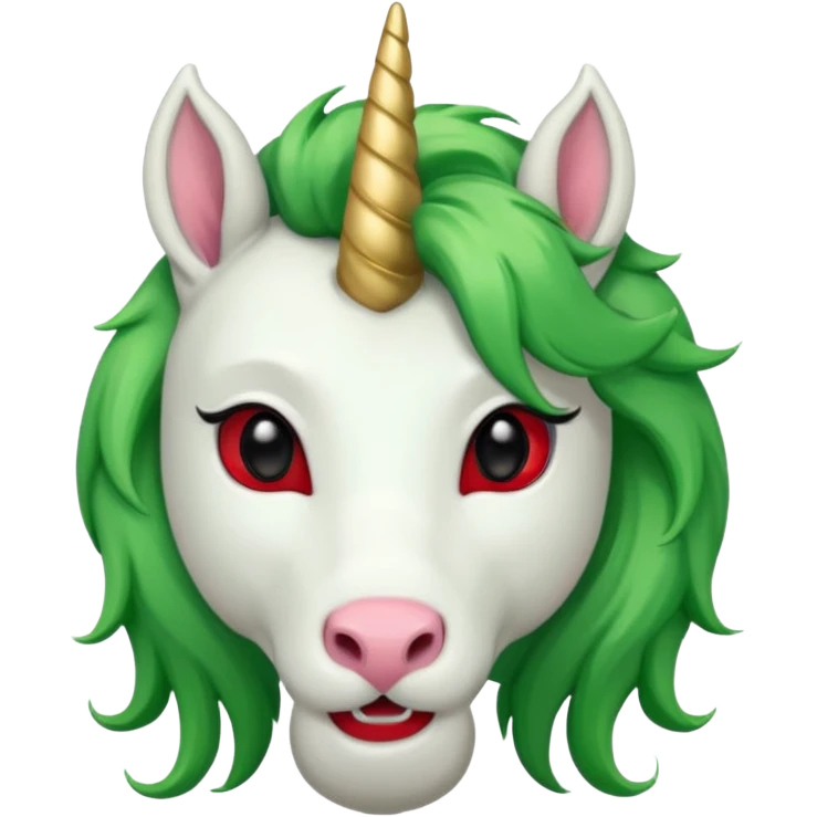 white furred unicorn with green hair and big red earrings looking into camera and big horn emoji