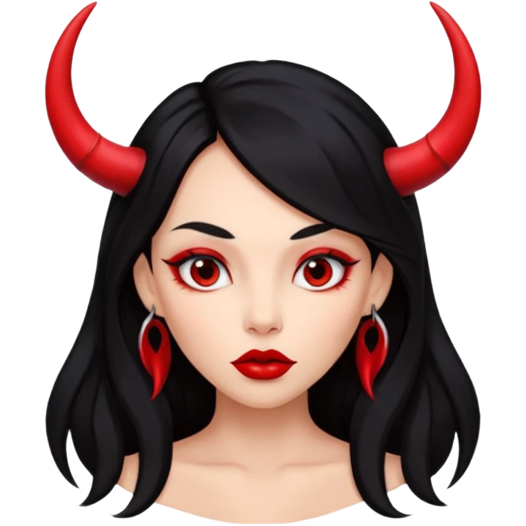 A girl's face with cheekbones, skin red, long black hair, small red horns, big lips emoji