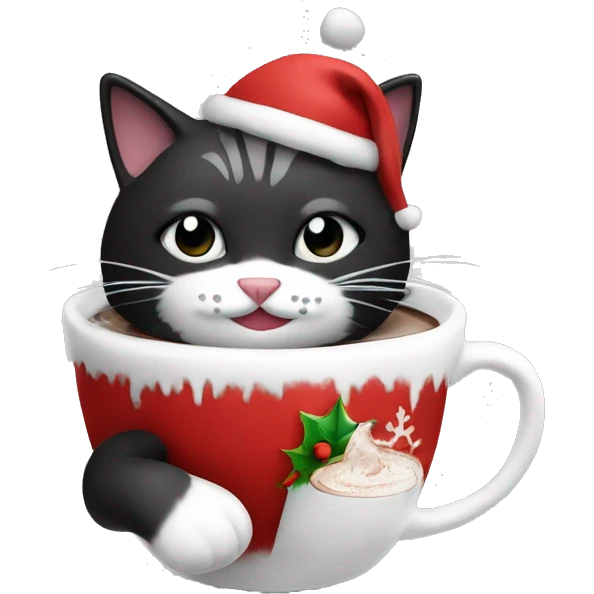 Christmas cat black and White with hot chocolate  emoji