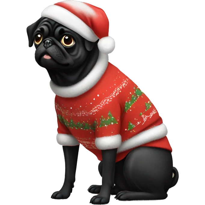 Black pug dog wearing christmas Sweatshirt  emoji