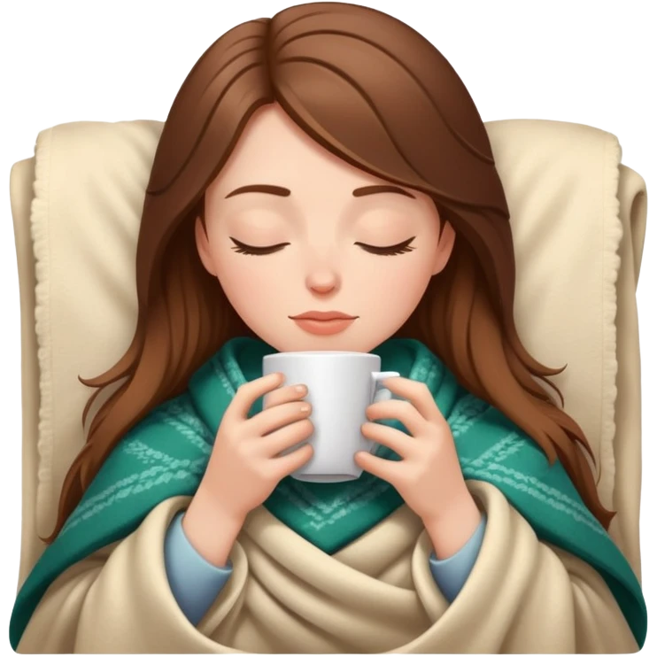 brown-haired white girl inside a blanket sipping coffee eyes closed emoji