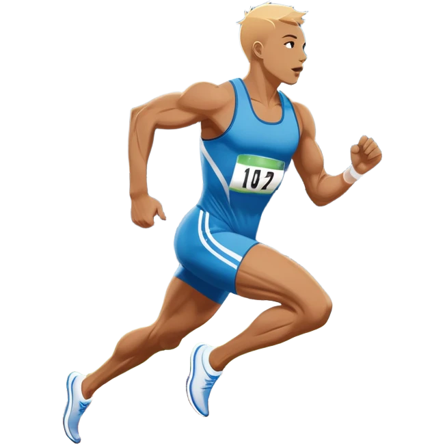 An icon showing a running track with lanes marked in white. A sprinter in mid-stride pushes forward, muscles tense. In the background, a large stadium filled with cheering fans and bright lights. The sky is clear and blue. Transparent background emphasizes the speed and energy of running. emoji