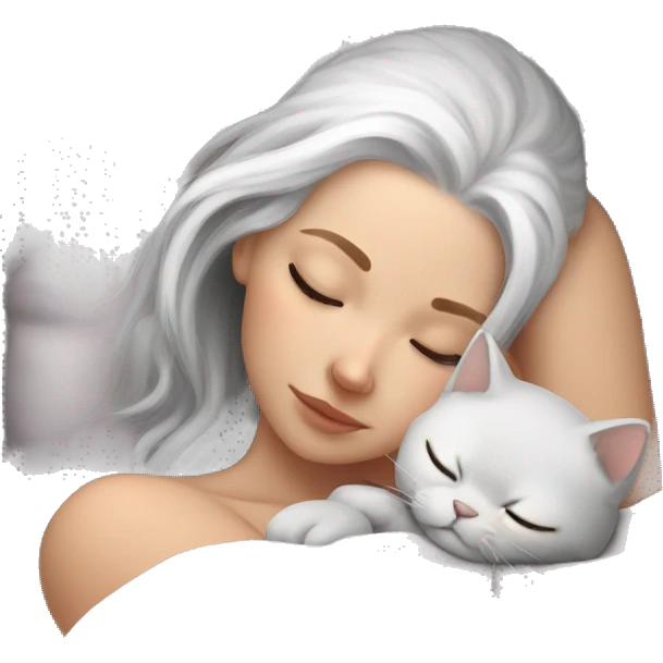 White girl White hair sleeping with gray kitty emoji