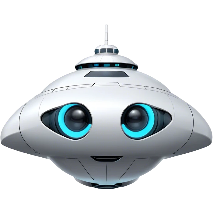 Design a simple, semi-realistic spaceship with a clean and minimalistic design. The ship should have a smooth, rounded shape with a few subtle mechanical details, like small thrusters or panels, but avoid overly complex or advanced features. Add a 'face' to the front of the ship using basic shapes, such as two circular lights for 'eyes' and a curved line or pattern for a 'smile,' giving it a friendly and approachable personality. The design should feel functional yet charming, as if the ship has its own character or consciousness. Use a plain, transparent background with no additional elements, focusing entirely on the ship. The lighting should be soft and even, highlighting the ship's 'face' and overall design. emoji