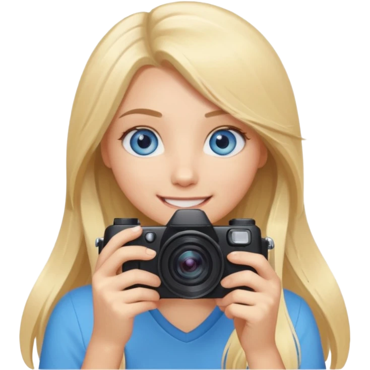  blue eyes blonde girl photographer cartoon taking picture in middle of taking picture camera in front of face long hair smiling funny flash professional, camera in front of face emoji