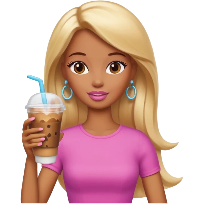 Brown skin blonde hair Barbie drinking iced coffee emoji