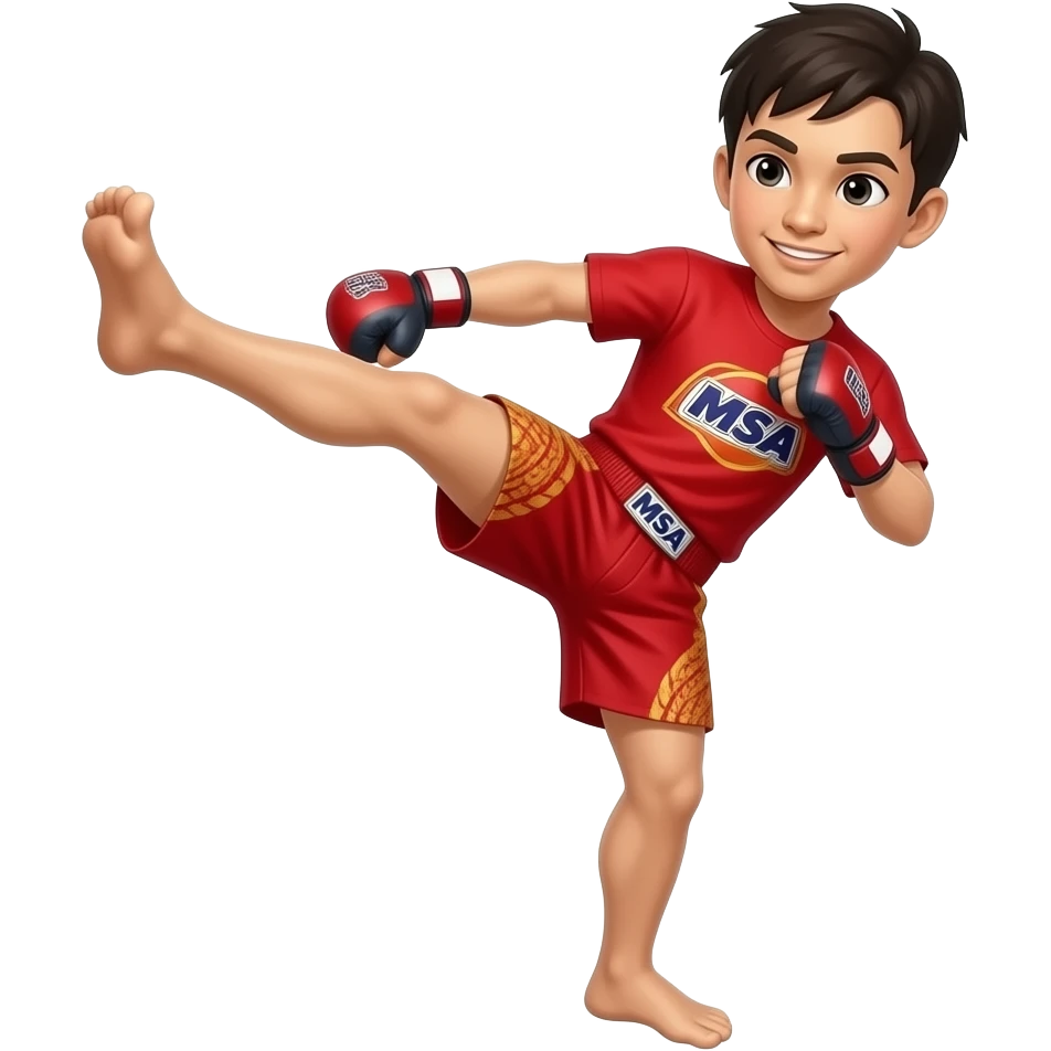 Thai front kick teep red shorts and red t shirt with msa logo emoji
