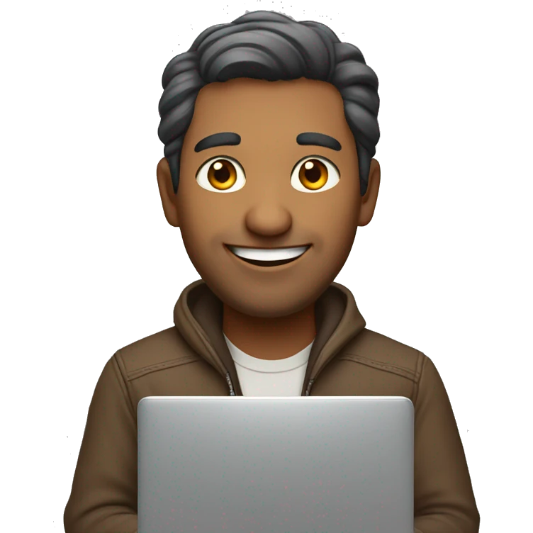 a indian man with a warm, friendly smile holding a laptop.  emoji