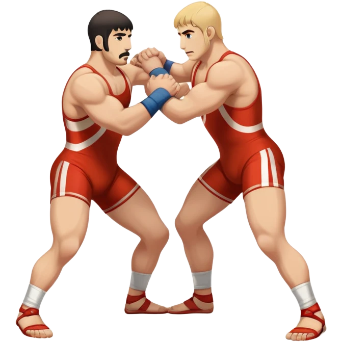 An icon symbolizing Greco-Roman wrestling, showing two wrestlers locked in a powerful grip, focusing on upper-body techniques. The background features a wrestling mat, with the athletes wearing traditional singlets. Transparent background highlights the strength and skill of the sport. emoji