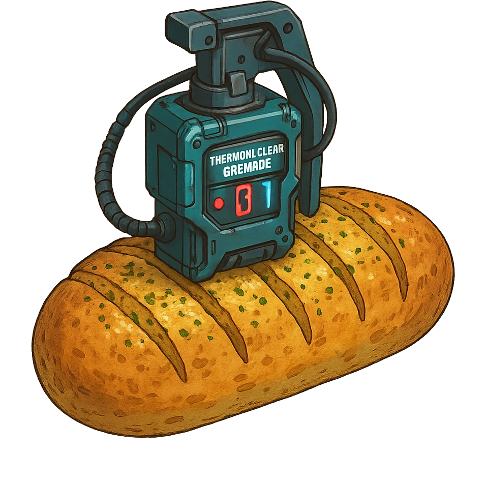 a thermonuclear hand held grenade IED, futuristic cyberpunk. The primed exlosive is garlic bread. small detonator attached to large loaf emoji