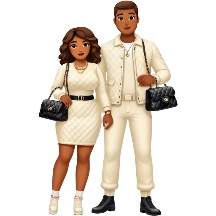 Man living his dream. He’s boo’d up with a pretty Brownskin big booty woman wearing a Chanel outfit with her holding a Chanel bag. The man has on an Off-White outfit down to the shoes and socks emoji
