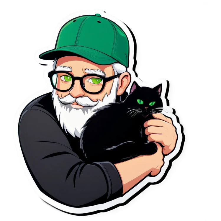 A bold man with a grey baseball cap, green eyes, big beard and glasses hugging a black cat emoji