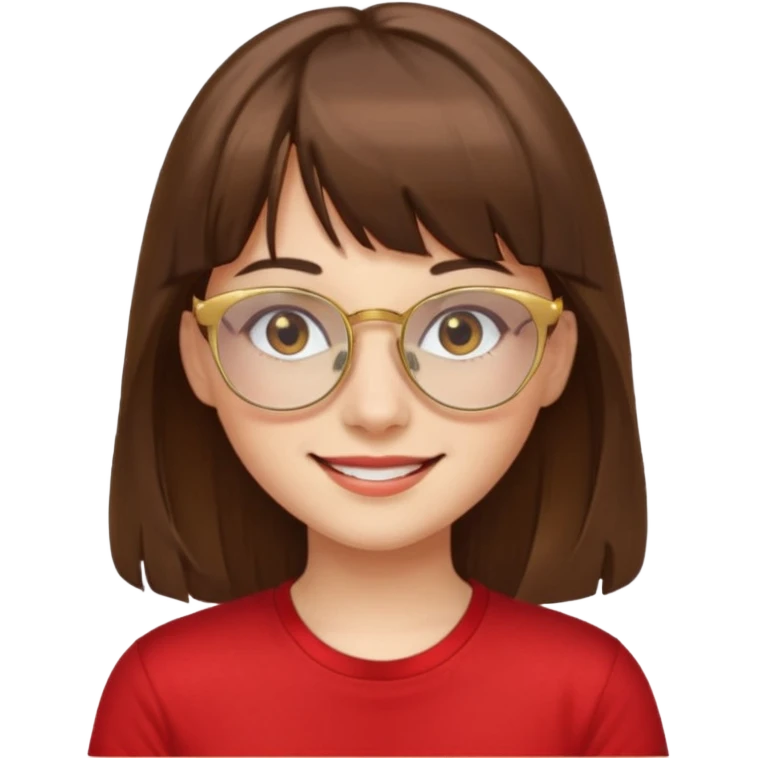 chica con piel blanca sonriendo, ojos marrones y pelo marrón largo con flequillo y lentes dorados con remera roja. emoji