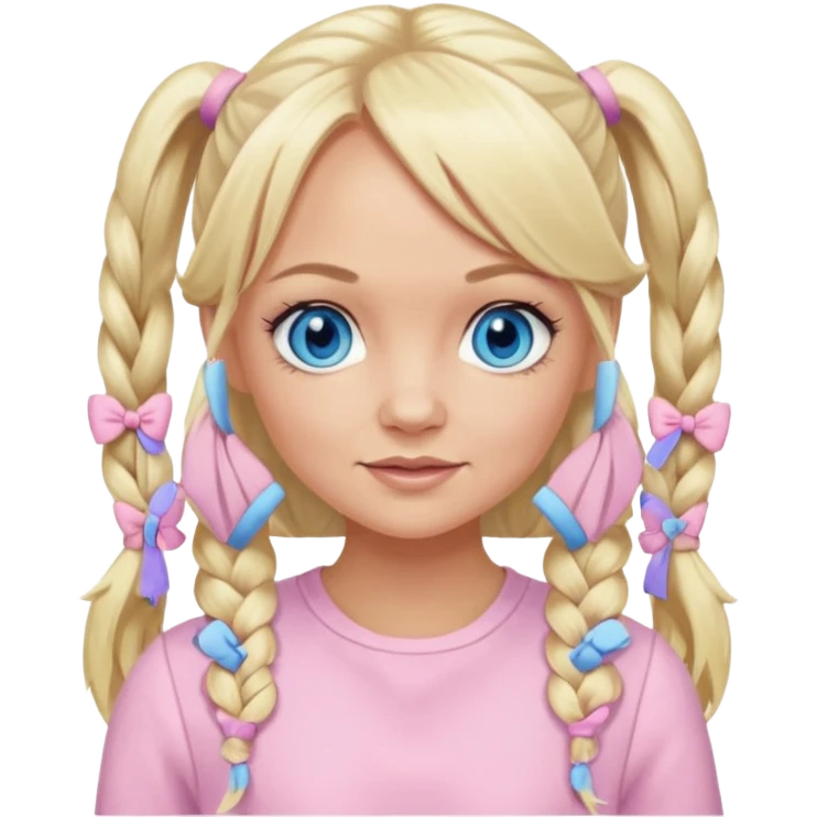 Emma Bunton blue eyes, long blonde pigtails hair, light pink outfit emoji