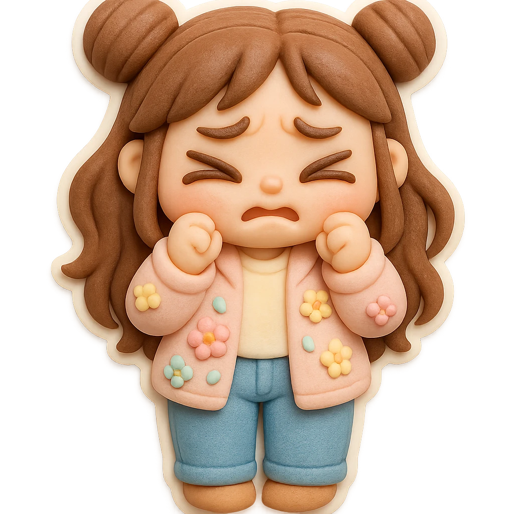 3D chibi fondant cake art style, high-quality rendering with smooth shadows and soft gradients. Girl with long brown hair in two space buns, brown eyes, jeans, pastel floral cardigan, thick white outline like a sticker, transparent background. Closing her eyes in fear, preserve facial features. emoji