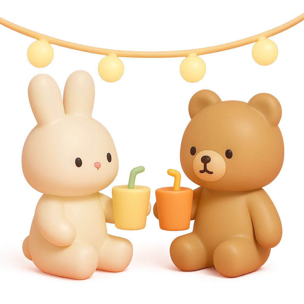 bunny and bear clinking juice cups under string lights emoji