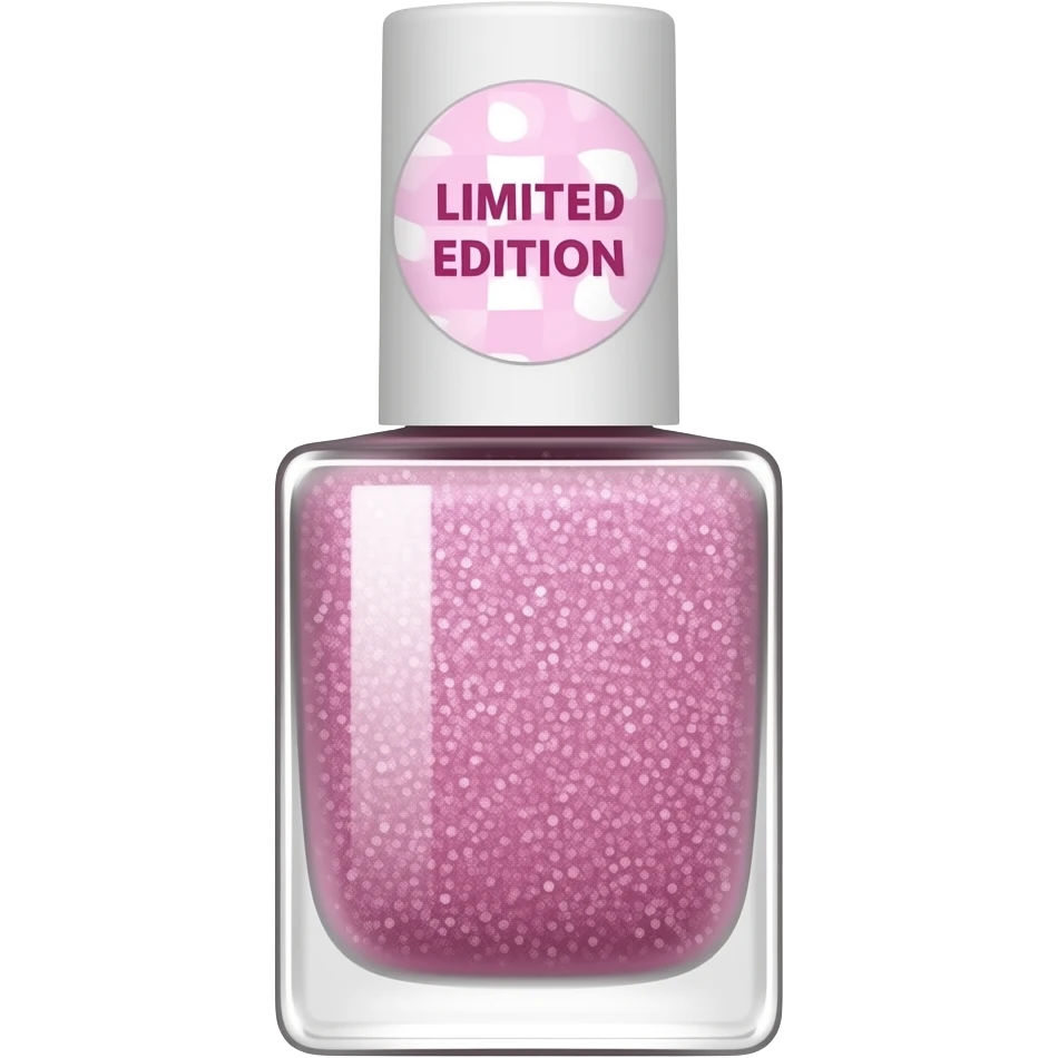 A pink glitter nail polish that has limited edition sticker on it emoji