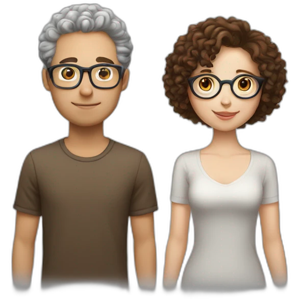 couple, white girl with round silver glasses and really short brown curly hair, taller white man with brown round glasses and short curly brown hair emoji