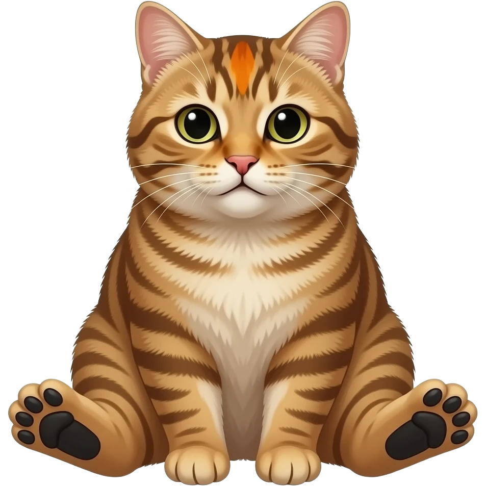 Fat Brown and cream color tabby cat with orange spot on forehead. Sitting like a person with black toebeans showing emoji