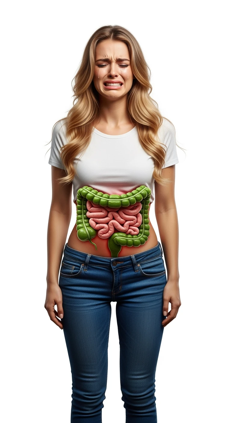 donna a figura intera con intestino umano realistico in 3d in evidenza dolorante, espressione di dolore in volto, sfondo bianco, non farla computerizzata, ma iperrealistica 4k, sfondo bianco emoji