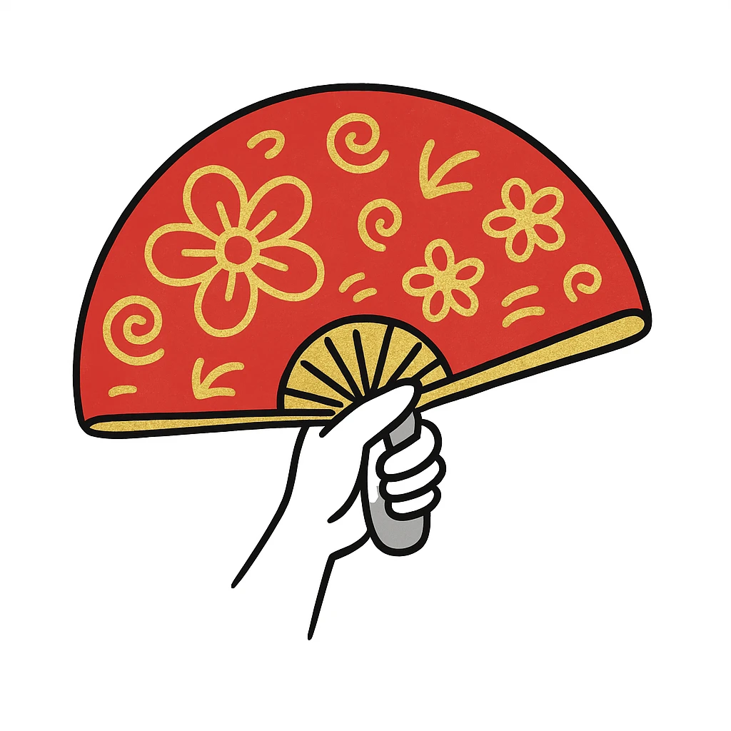 Add gold details to the red hand fan in the style of hand drawn notion doodles. Keep the doodle style. emoji