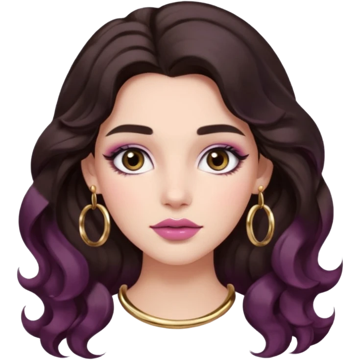 Woman with long dark brown wavy 2b hair, big brown eyes, thick brows, fair/light-medium skin, rosy blush, glossy mauve lips, gold hoops, and soft natural glam makeup. emoji