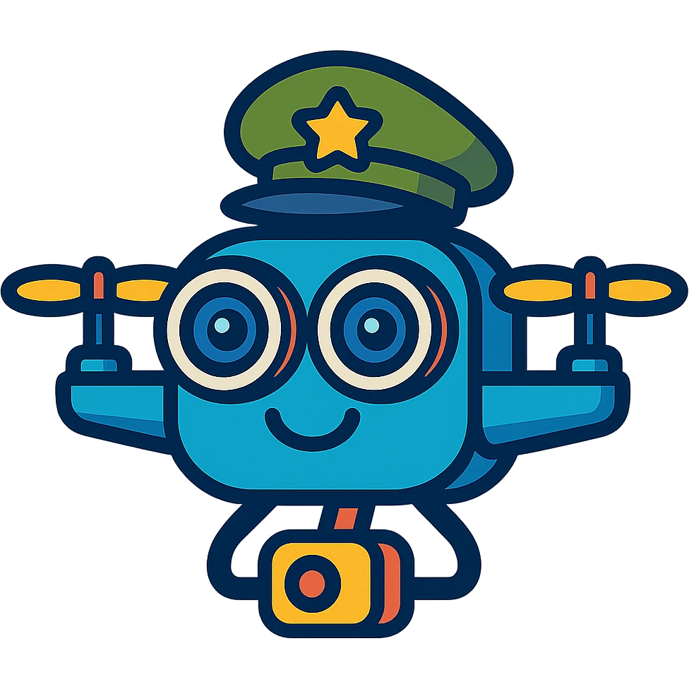 small robot with camera eyes, shaped like a drone, smiling, wearing a tiny military cap emoji