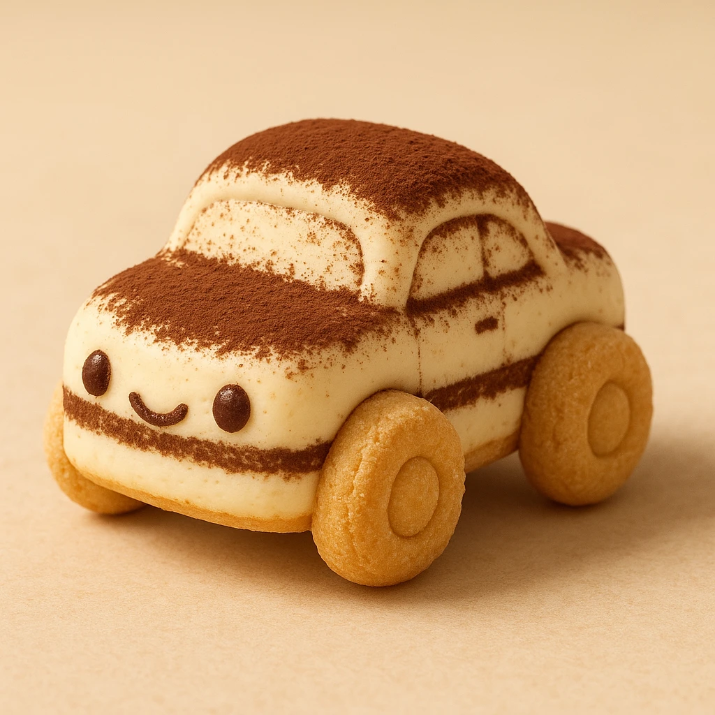 tiny tiramisu car, ladyfinger wheels, creamy mascarpone body, cocoa powder details, playful and cute, dessert-inspired emoji