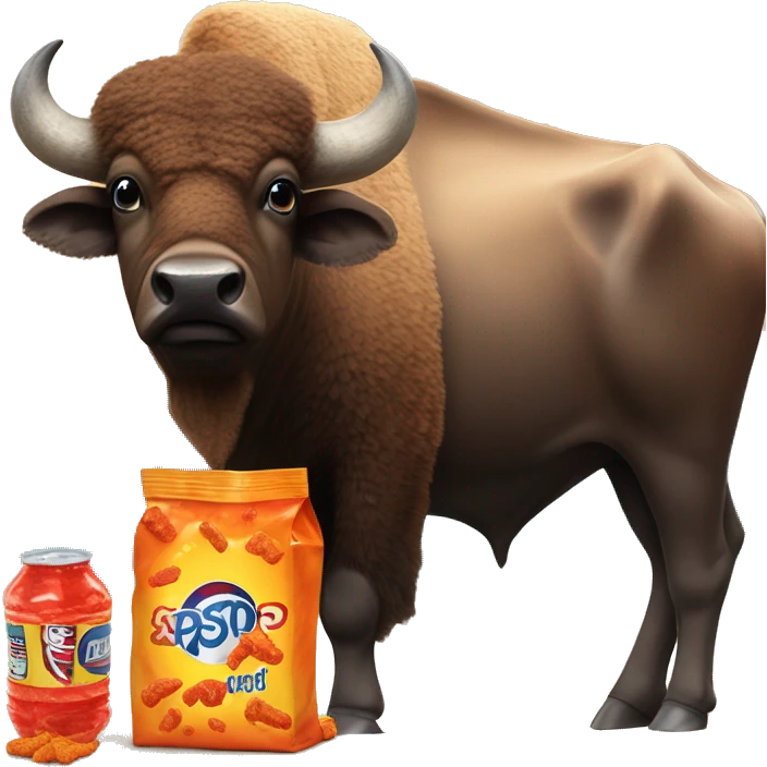 A buffalo on a beautiful beach with a bag of hot Cheetos and a bottle of Pepsi emoji