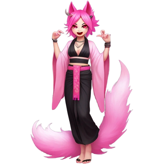 Full body female, succubus kitsune, neon pink eyes, vibrant pink hair, alabaster skin, fluffy black tails, pink tail tips, spiked choker, unique heritage, seductive charm, rebellious spirit, traditional kimonos, spiked anklets, and Barefoot 
 emoji