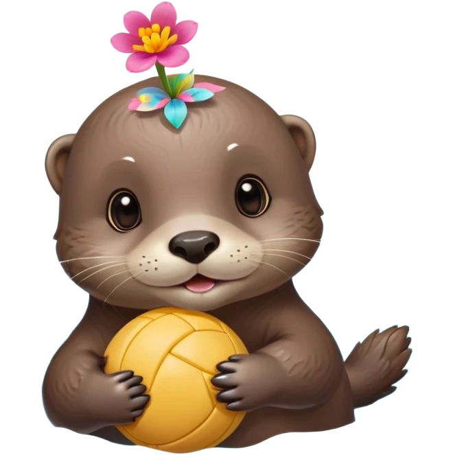 super cute baby otter with a tiny colorful flower on its head, gentle expression and soft rounded eyebrows, floating on clearly visible blue water with waves, baby otter with big sweet eyes holding a volleyball with both small paws above water emoji