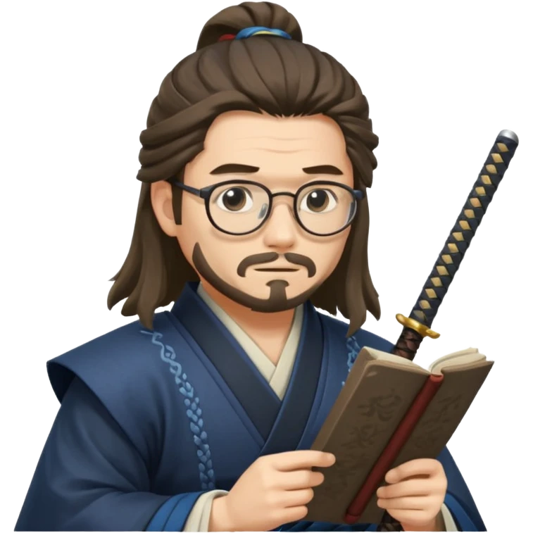 Long Haired Samurai with Glasses, Calm swordsman reading scroll with glasses emoji