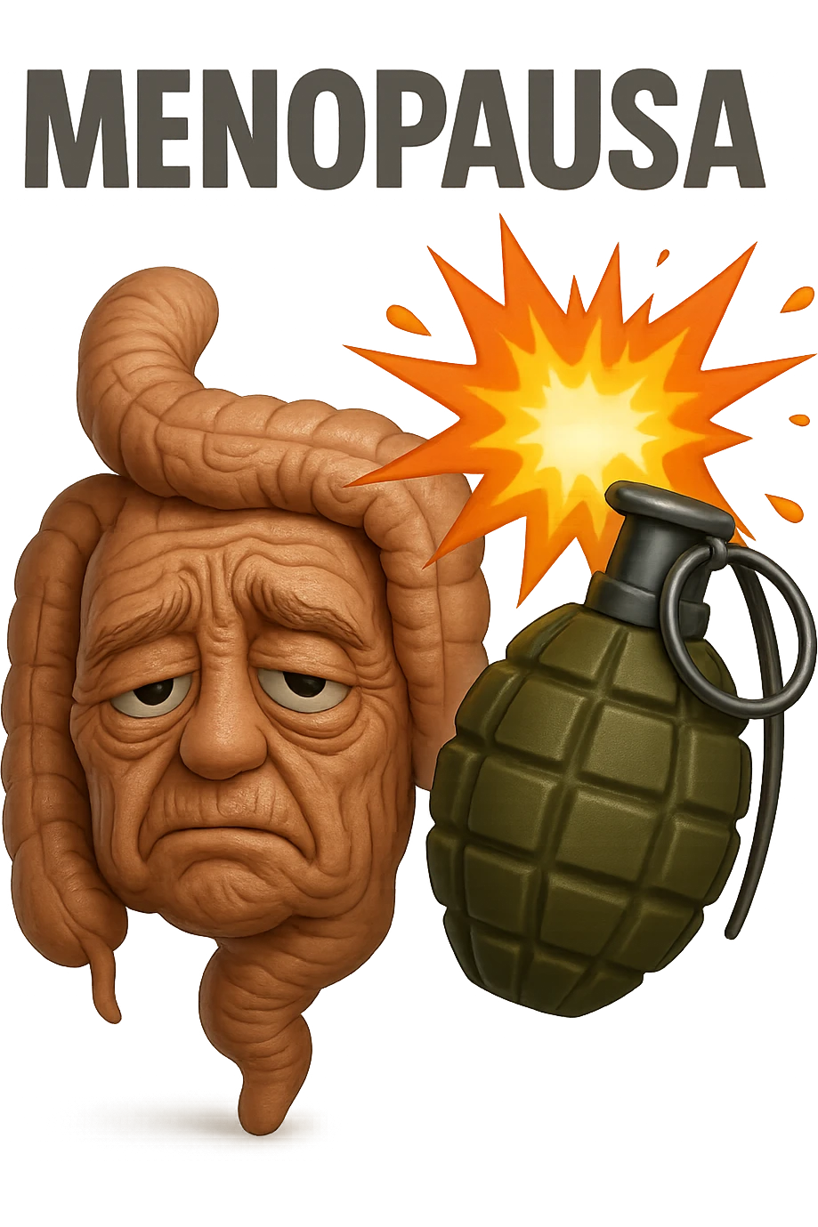 EMOJI STILE IPHONE 3D DI INTESTINO ANZIANO CON RUGHE SFINITO CON ESPRESSIONE STANCA, ACCANTO A LUI SCOPPIA UNA GRANATA 3D CON LA SCRITTA "MENOPAUSA" SOPRA emoji