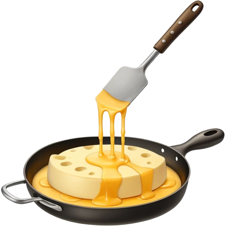 Emoji of raclette cheese being scraped with a metal spatula, melted cheese flowing, warm golden colors, modern emoji style, clean outlines, transparent background emoji
