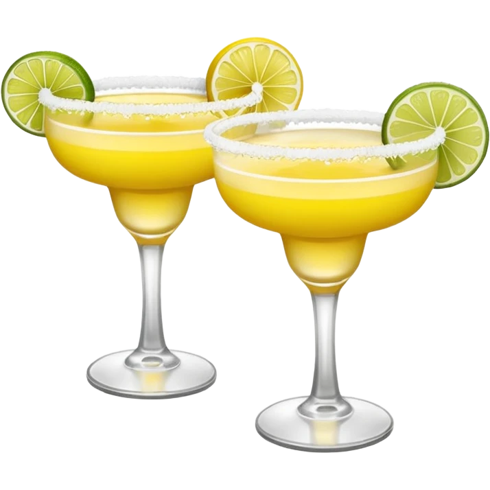 2 margarita cocktails. one is the classic margarita: yellowy with salt on the rim and a lemon. the other one is a spicy margarita: slightly more red color with a small red chili pepper instead of a lemon on the rim  emoji