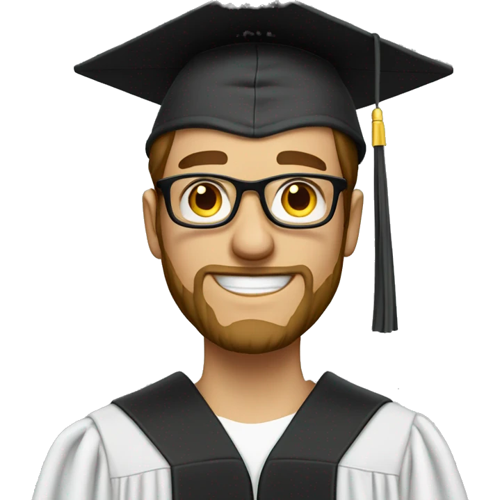 A white male with a beard and glasses who just graduated from high school. He is dressed in a gown and graduation cap. emoji