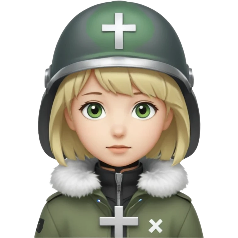 a cute anime girl with short blonde hair and soft bangs, large light blue eyes, and a gentle, calm expression. She is wearing a dark gray helmet with a small cross symbol on the front and a green coat with a fluffy white fur collar. Minimalistic, soft, and innocent character design. emoji