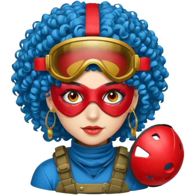 blue curly haired paintball playergirl with huge earrings, wearing red paintball eye mask helmet emoji