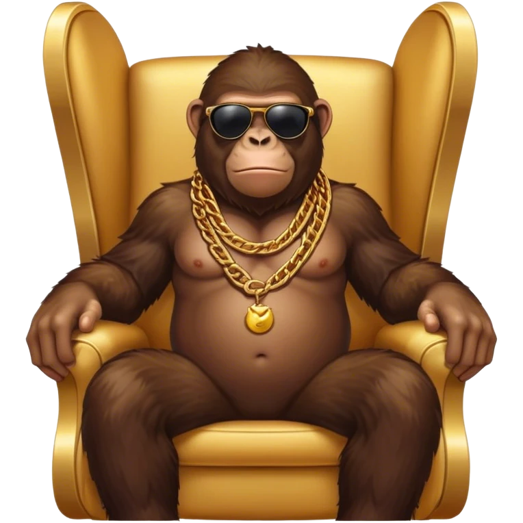 ape with big golden chain on the neck wearing sunglasses sitting in the armchair full height emoji